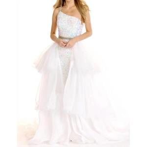 NEW AVA PRESLEY asymmetrical sequin gown with multi-tiered overlay skirt in irid